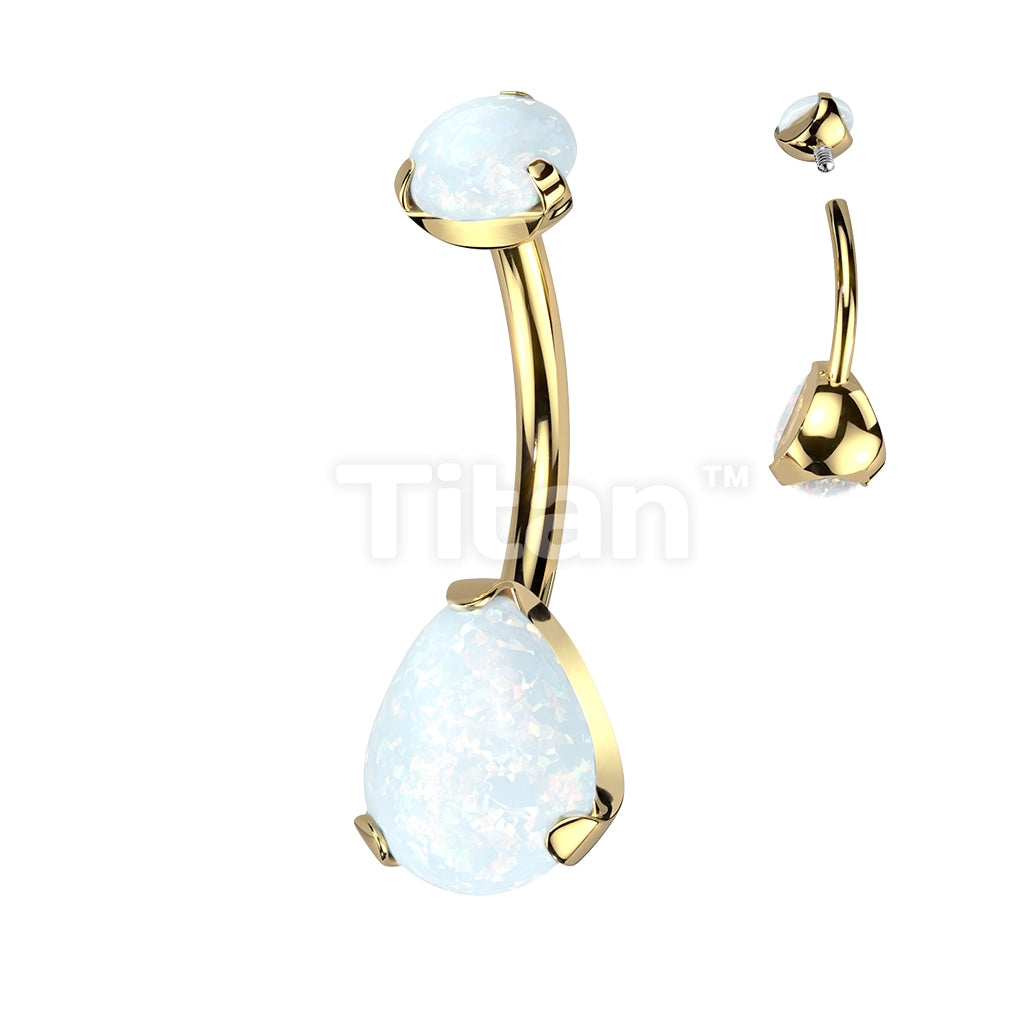 Implant Grade Titanium Internally Threaded Round Opal Top With Bottom Prong Set Pear Shape Opal Belly Button Ring - Image 2
