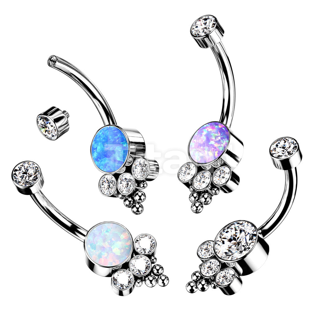 Implant Grade Titanium Internally Threaded Bezel Set CZ Top With Bottom Opal or CZ Center and Trinity Ball Cluster