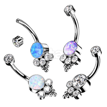 Implant Grade Titanium Internally Threaded Bezel Set CZ Top With Bottom Opal or CZ Center and Trinity Ball Cluster