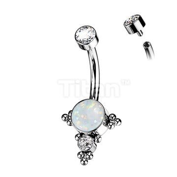 Implant Grade Titanium Internally Threaded Bezel Set Top and CZ or Opal Center With Ball Clusters Belly Button Ring - Image 3