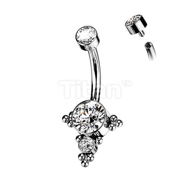 Implant Grade Titanium Internally Threaded Bezel Set Top and CZ or Opal Center With Ball Clusters Belly Button Ring - Image 2