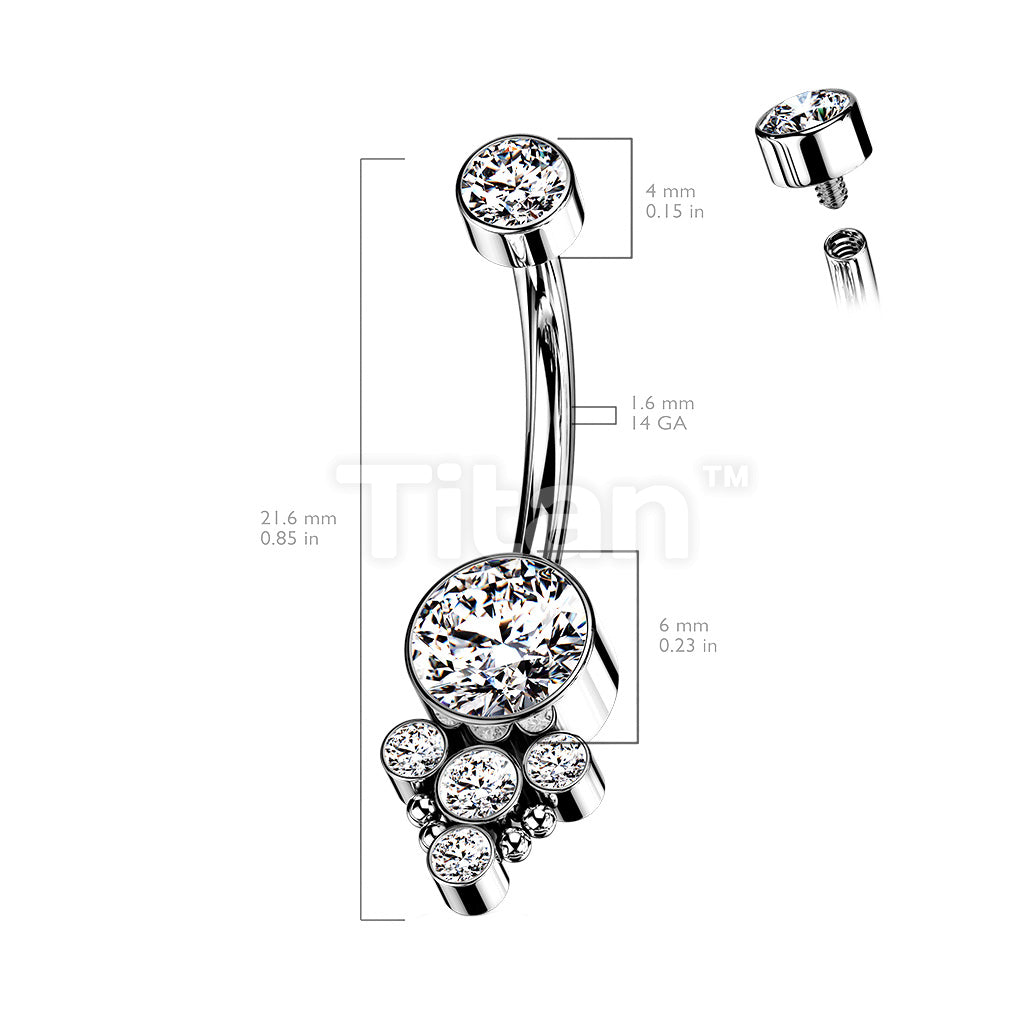Implant Grade Titanium Internally Threaded Opal Or CZ Center With 4 CZ and Ball Cluster Belly Button Ring - Image 6