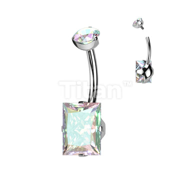 Implant Grade Titanium Internally Threaded Prong Set Round CZ Top and Prong Set Rectangle CZ Belly Button Ring - Image 2