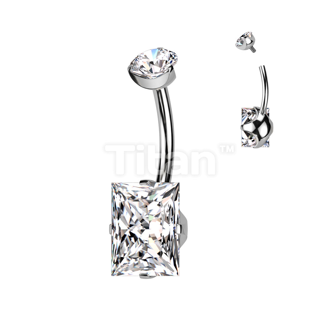 Implant Grade Titanium Internally Threaded Prong Set Round CZ Top and Prong Set Rectangle CZ Belly Button Ring - Image 3
