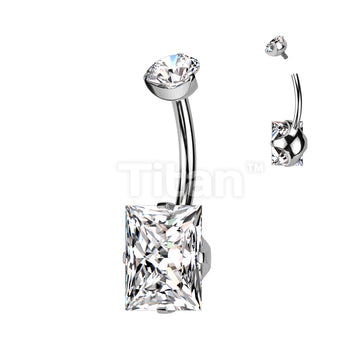 Implant Grade Titanium Internally Threaded Prong Set Round CZ Top and Prong Set Rectangle CZ Belly Button Ring - Image 3