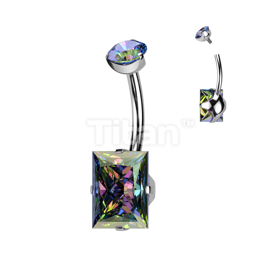 Implant Grade Titanium Internally Threaded Prong Set Round CZ Top and Prong Set Rectangle CZ Belly Button Ring - Image 5