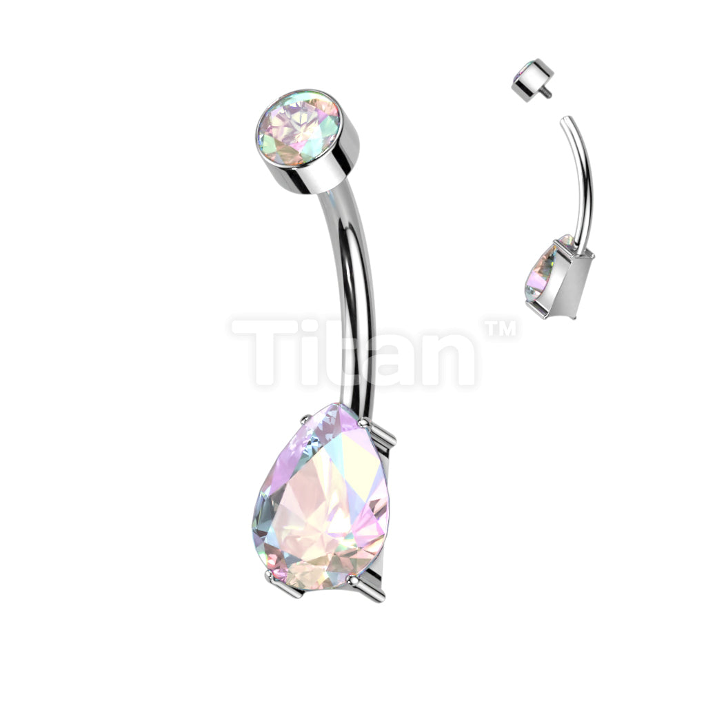 Implant Grade Titanium Internally Threaded Round Bezel Set Top and Prong Set Pear CZ Belly Button Ring - Image 2
