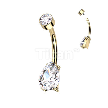 Implant Grade Titanium Internally Threaded Round Bezel Set Top and Prong Set Pear CZ Belly Button Ring - Image 4