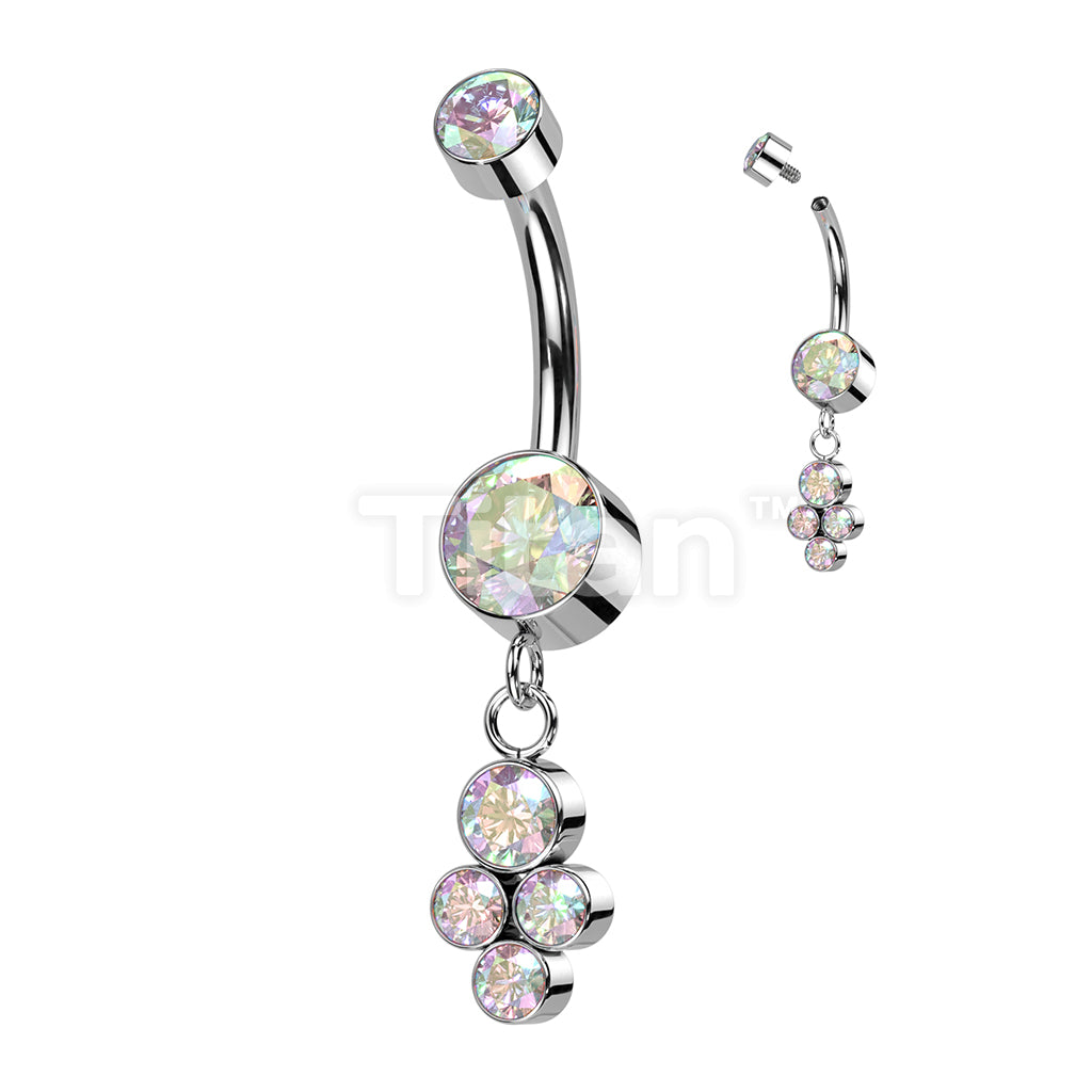 Implant Grade Titanium Internally Threaded Double Bezel Set CZ With Dangle Cluster of 4 Bezel Set CZ Belly Button Ring - Image 2