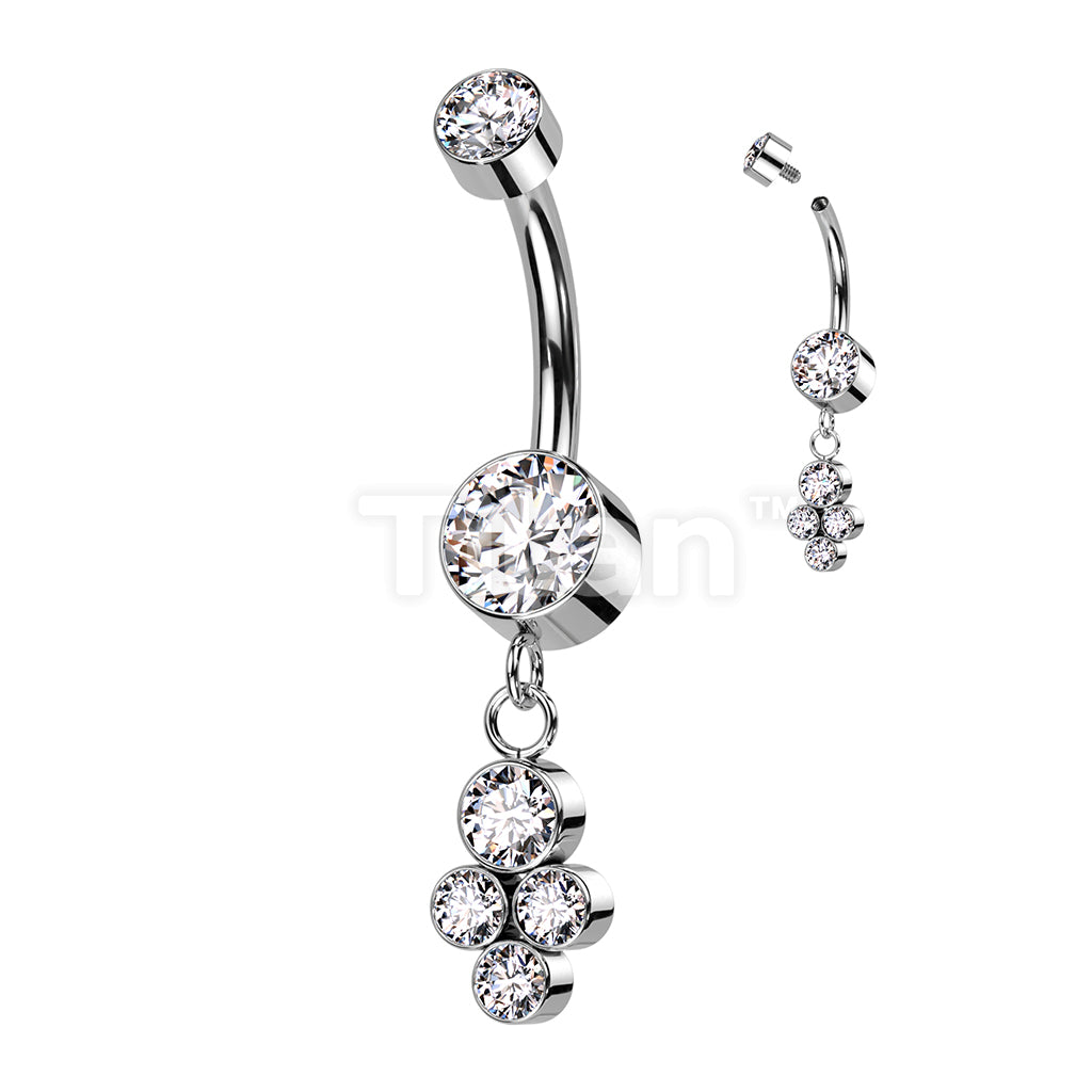 Implant Grade Titanium Internally Threaded Double Bezel Set CZ With Dangle Cluster of 4 Bezel Set CZ Belly Button Ring - Image 3