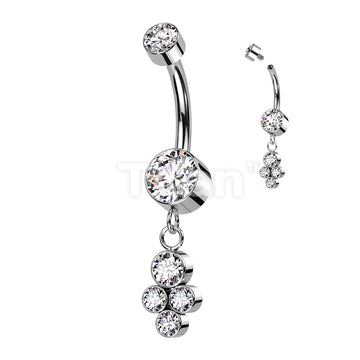 Implant Grade Titanium Internally Threaded Double Bezel Set CZ With Dangle Cluster of 4 Bezel Set CZ Belly Button Ring - Image 3