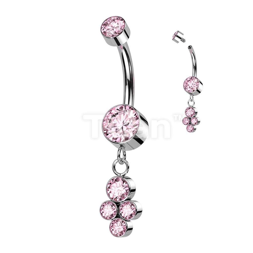 Implant Grade Titanium Internally Threaded Double Bezel Set CZ With Dangle Cluster of 4 Bezel Set CZ Belly Button Ring - Image 4