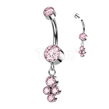 Implant Grade Titanium Internally Threaded Double Bezel Set CZ With Dangle Cluster of 4 Bezel Set CZ Belly Button Ring - Image 4
