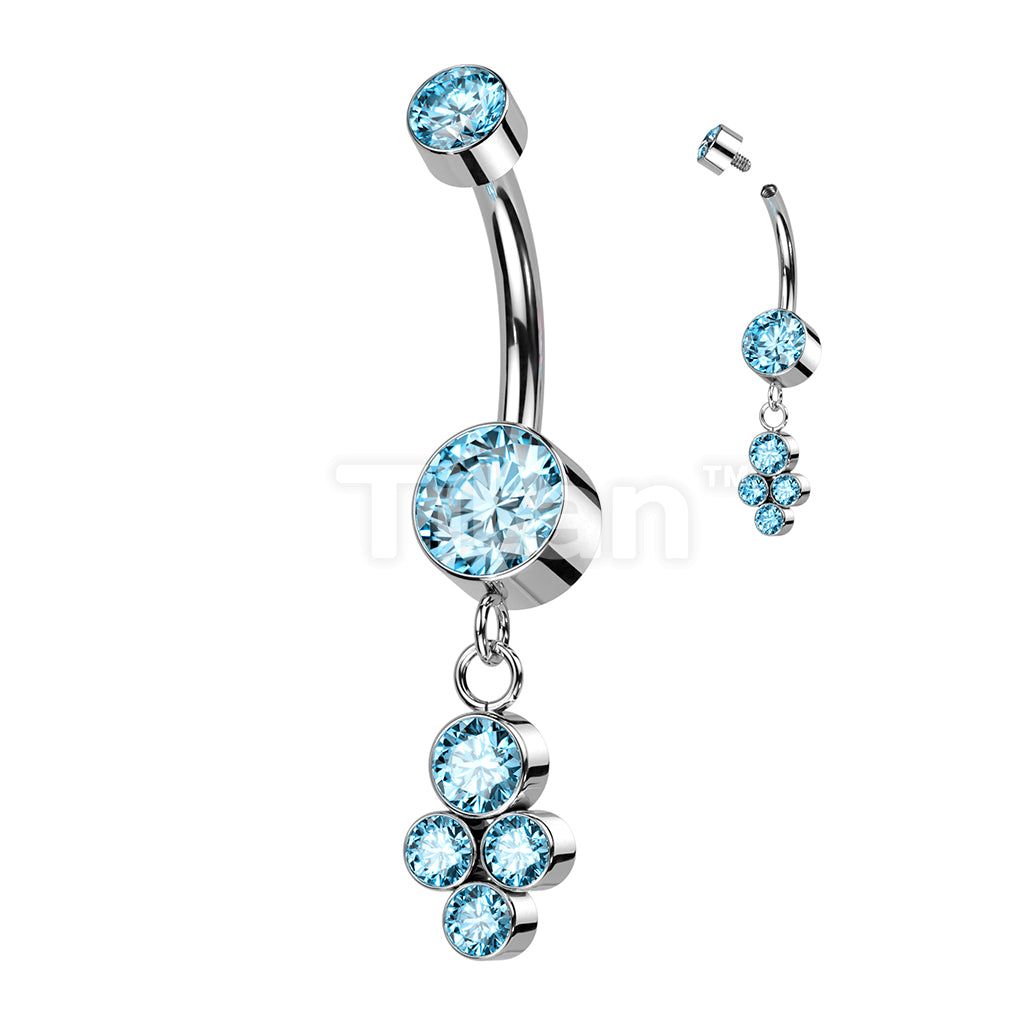 Implant Grade Titanium Internally Threaded Double Bezel Set CZ With Dangle Cluster of 4 Bezel Set CZ Belly Button Ring - Image 5