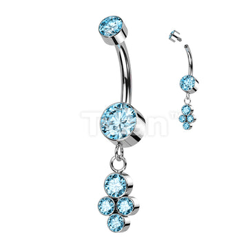 Implant Grade Titanium Internally Threaded Double Bezel Set CZ With Dangle Cluster of 4 Bezel Set CZ Belly Button Ring - Image 5