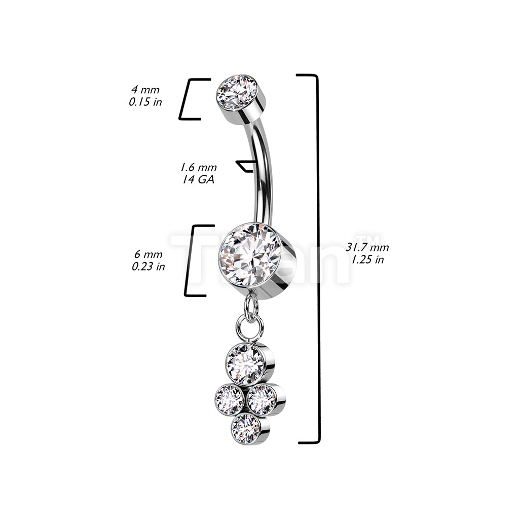 Implant Grade Titanium Internally Threaded Double Bezel Set CZ With Dangle Cluster of 4 Bezel Set CZ Belly Button Ring - Image 6
