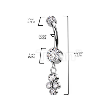 Implant Grade Titanium Internally Threaded Double Bezel Set CZ With Dangle Cluster of 4 Bezel Set CZ Belly Button Ring - Image 6
