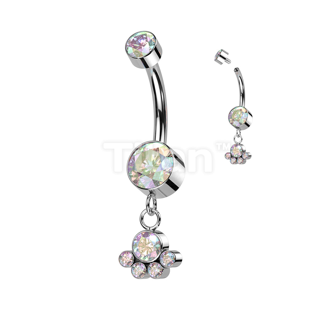 Implant Grade Titanium Internally Threaded Double Bezel Set CZ With Dangle Cluster of 5 Bezel Set CZ Belly Button Ring - Image 2