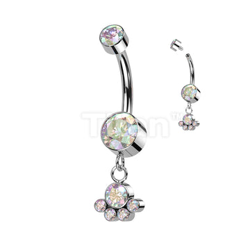 Implant Grade Titanium Internally Threaded Double Bezel Set CZ With Dangle Cluster of 5 Bezel Set CZ Belly Button Ring - Image 2