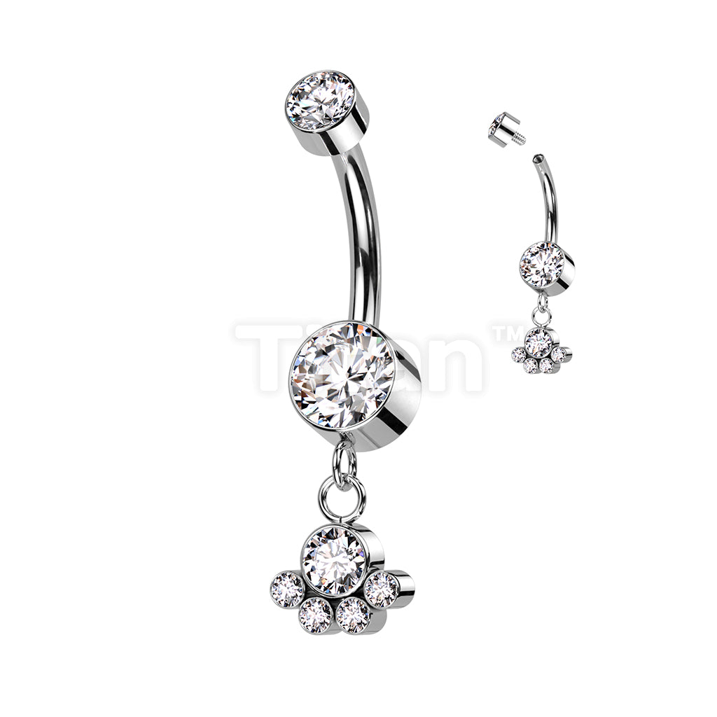 Implant Grade Titanium Internally Threaded Double Bezel Set CZ With Dangle Cluster of 5 Bezel Set CZ Belly Button Ring - Image 3