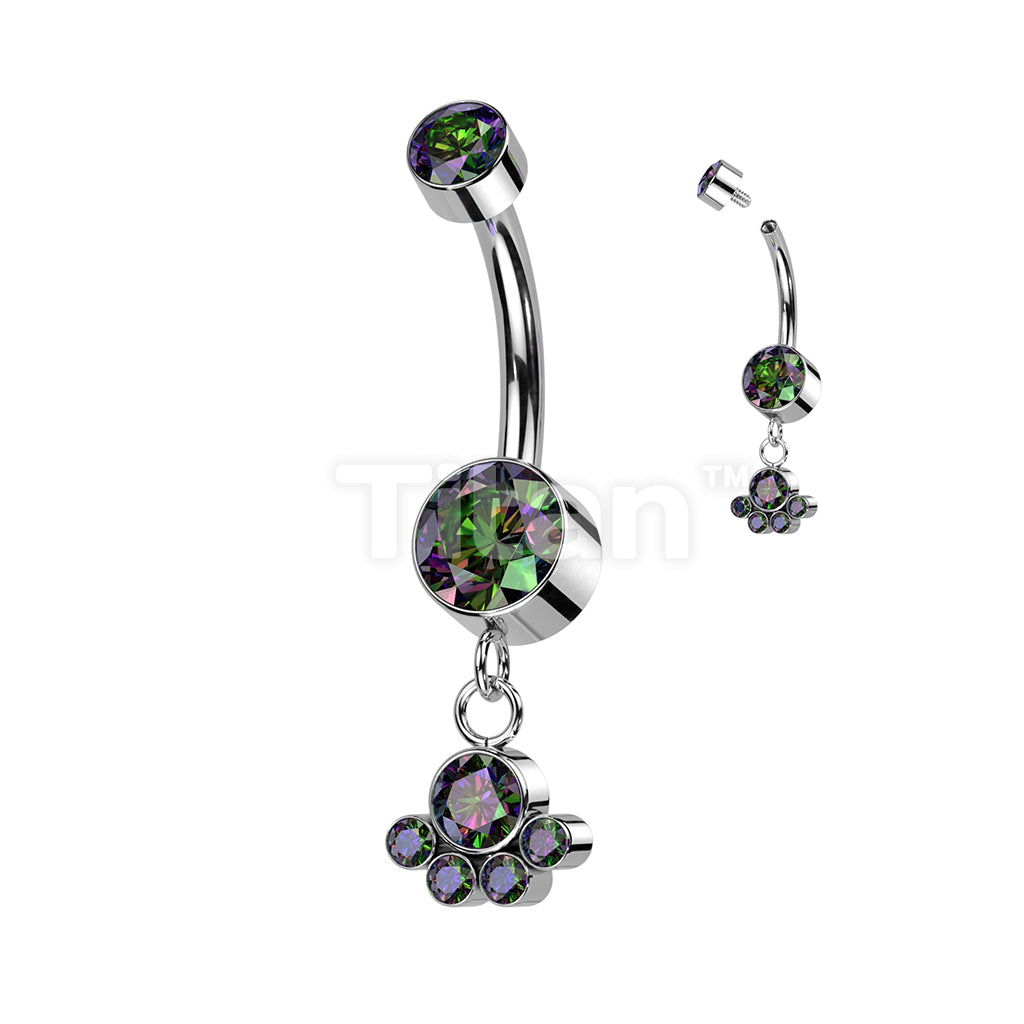 Implant Grade Titanium Internally Threaded Double Bezel Set CZ With Dangle Cluster of 5 Bezel Set CZ Belly Button Ring - Image 4