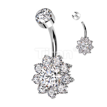 Implant Grade Titanium Internally Threaded Bezel Set CZ Top With CZ Flower Belly Button Ring - Image 2
