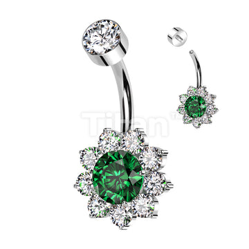 Implant Grade Titanium Internally Threaded Bezel Set CZ Top With CZ Flower Belly Button Ring - Image 3