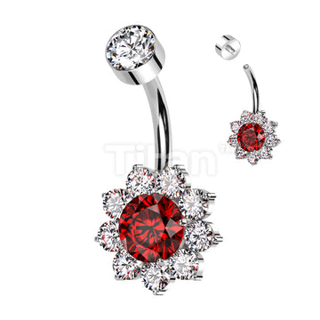 Implant Grade Titanium Internally Threaded Bezel Set CZ Top With CZ Flower Belly Button Ring - Image 4