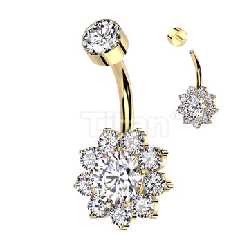 Implant Grade Titanium Internally Threaded Bezel Set CZ Top With CZ Flower Belly Button Ring - Image 5