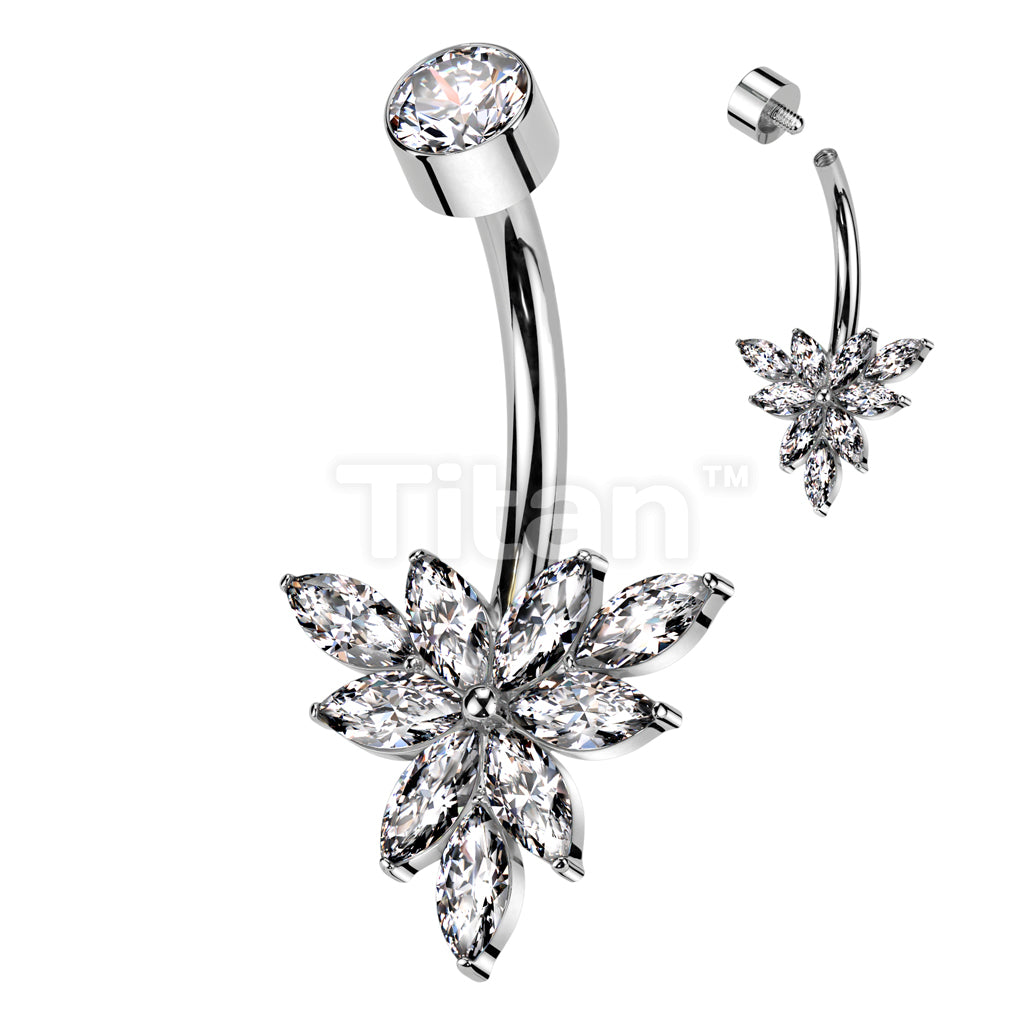 Implant Grade Titanium Internally Threaded Bezel Set CZ Top With Triangular Marquise CZ Flower Belly Button Ring - Image 2