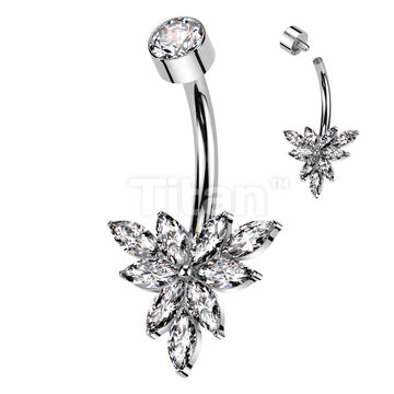Implant Grade Titanium Internally Threaded Bezel Set CZ Top With Triangular Marquise CZ Flower Belly Button Ring - Image 2