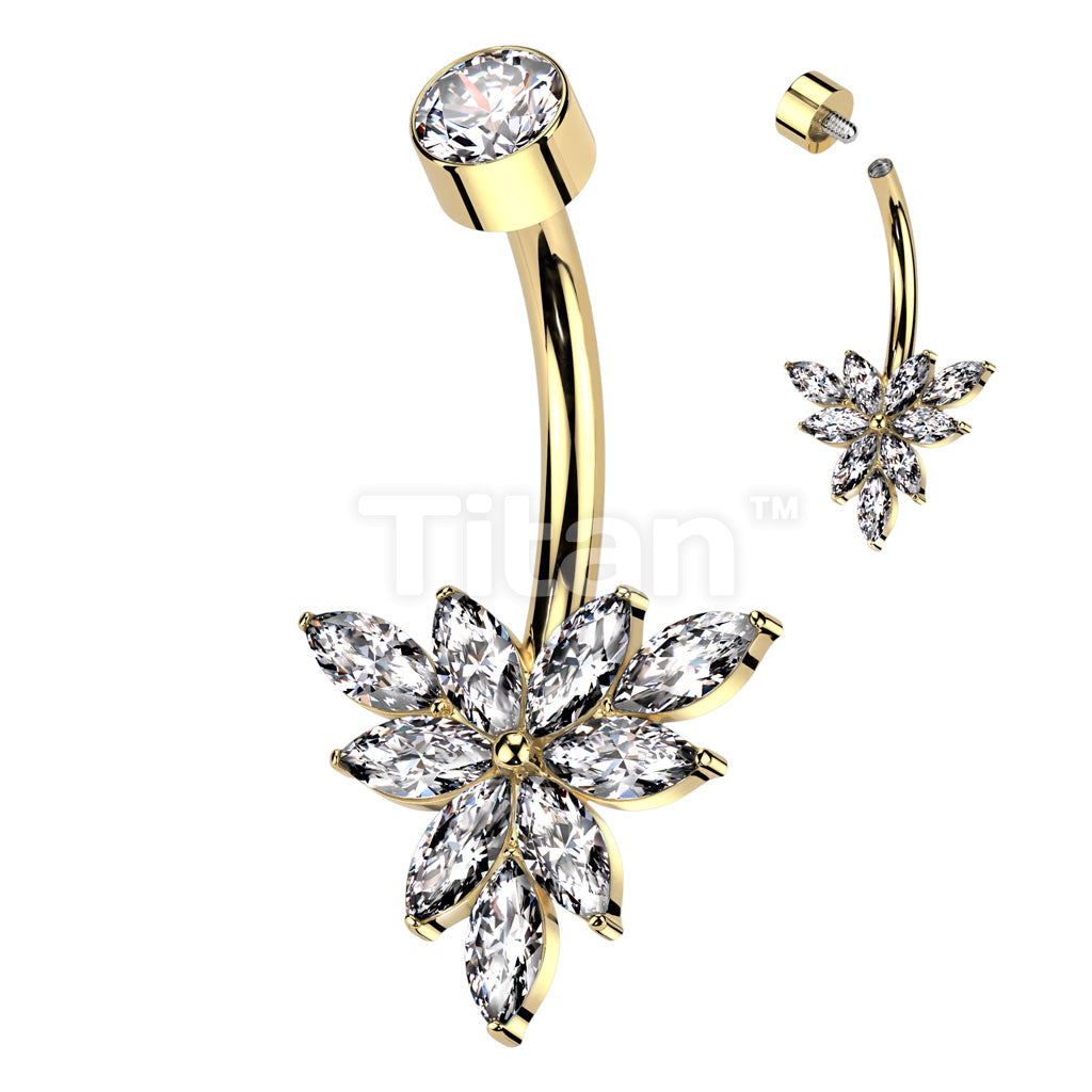 Implant Grade Titanium Internally Threaded Bezel Set CZ Top With Triangular Marquise CZ Flower Belly Button Ring - Image 3