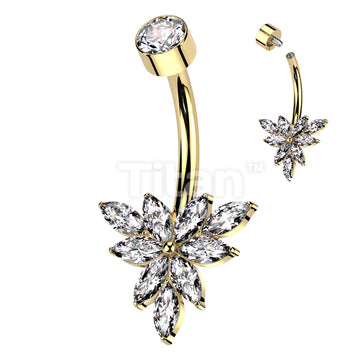 Implant Grade Titanium Internally Threaded Bezel Set CZ Top With Triangular Marquise CZ Flower Belly Button Ring - Image 3