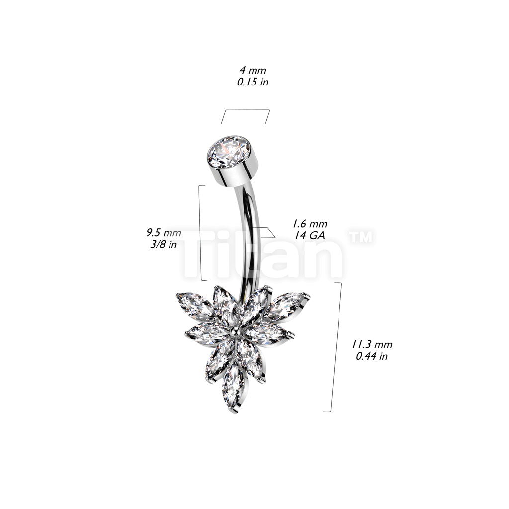 Implant Grade Titanium Internally Threaded Bezel Set CZ Top With Triangular Marquise CZ Flower Belly Button Ring - Image 4