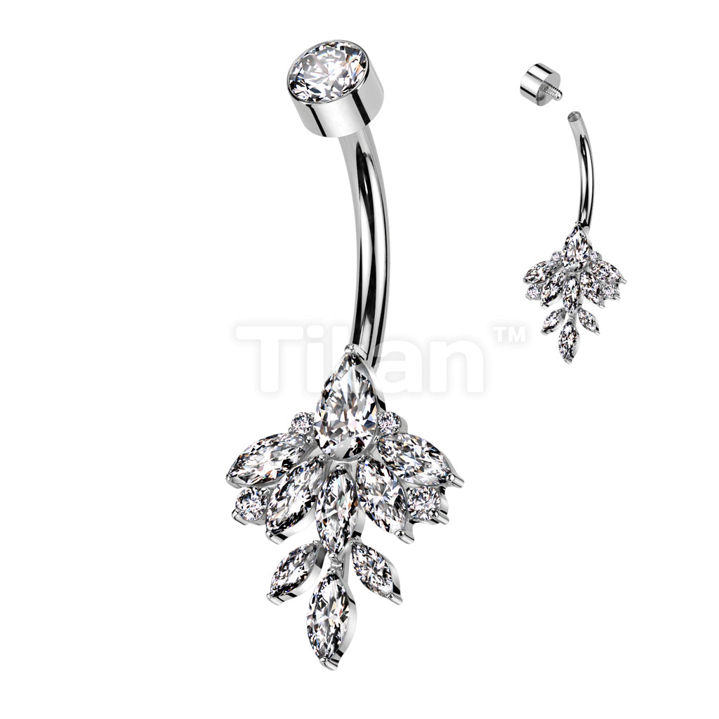 Implant Grade Titanium Internally Threaded Bezel Set CZ Top With Marquise Leaf CZ Vine Belly Button Ring - Image 2