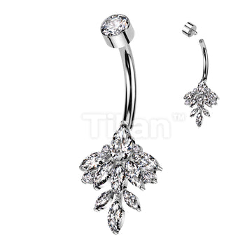 Implant Grade Titanium Internally Threaded Bezel Set CZ Top With Marquise Leaf CZ Vine Belly Button Ring - Image 2