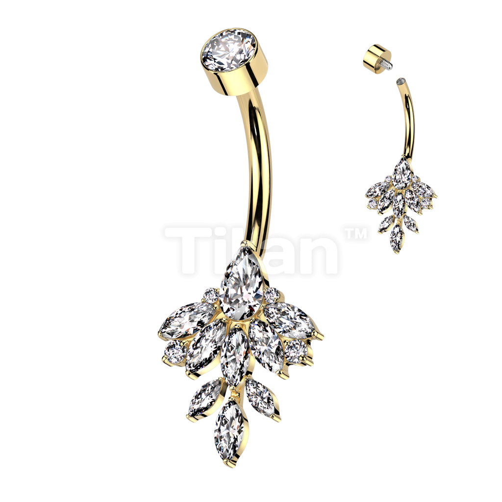 Implant Grade Titanium Internally Threaded Bezel Set CZ Top With Marquise Leaf CZ Vine Belly Button Ring - Image 3