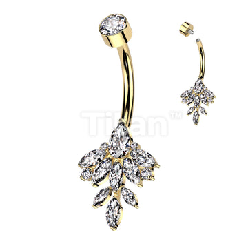 Implant Grade Titanium Internally Threaded Bezel Set CZ Top With Marquise Leaf CZ Vine Belly Button Ring - Image 3