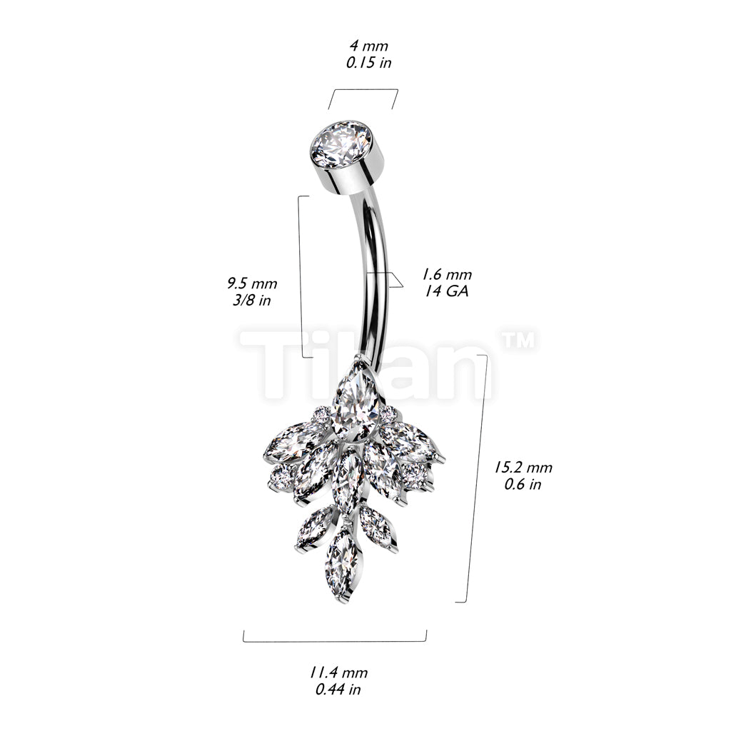 Implant Grade Titanium Internally Threaded Bezel Set CZ Top With Marquise Leaf CZ Vine Belly Button Ring - Image 4
