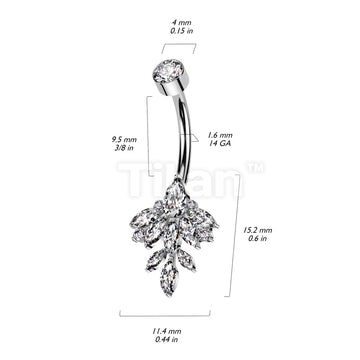 Implant Grade Titanium Internally Threaded Bezel Set CZ Top With Marquise Leaf CZ Vine Belly Button Ring - Image 4