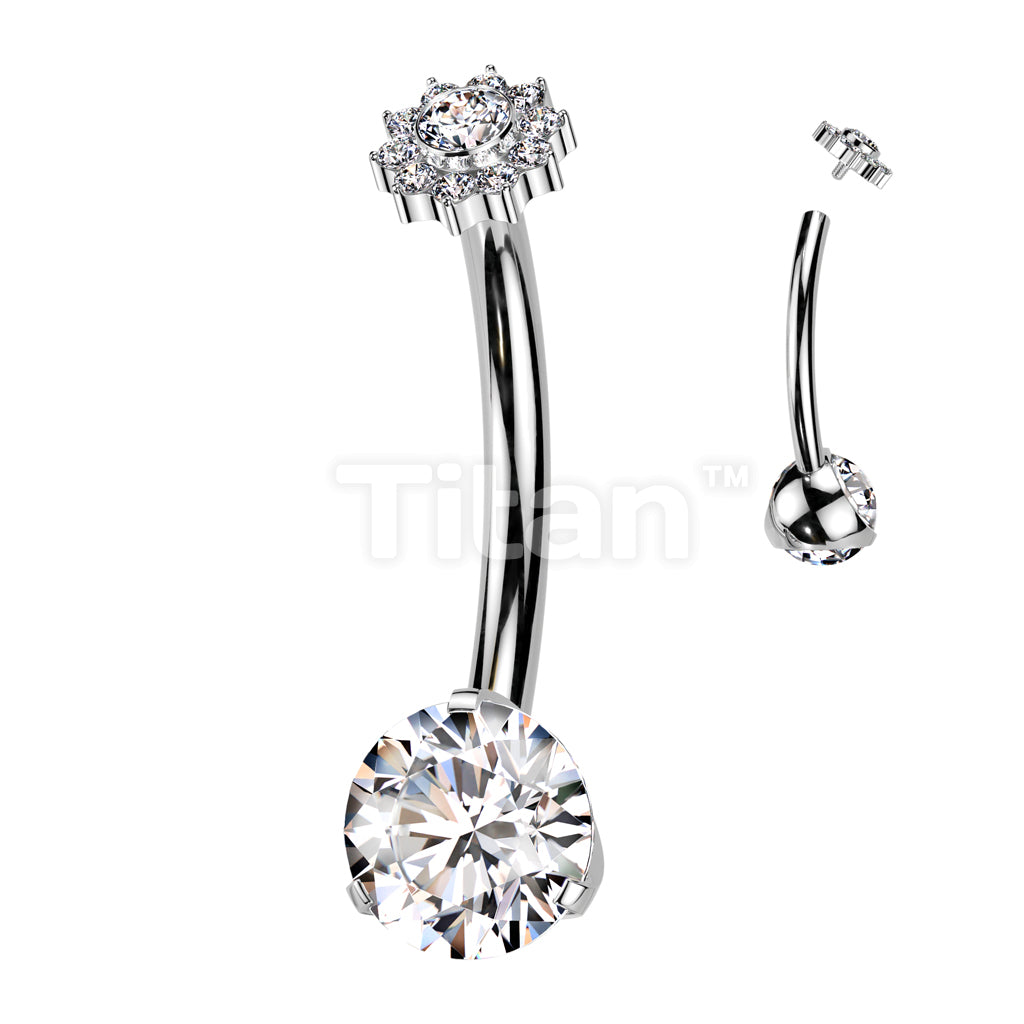 Implant Grade Titanium Internally Threaded Prong Set CZ Bottom With CZ Pave Flower Top Belly Button Ring - Image 2