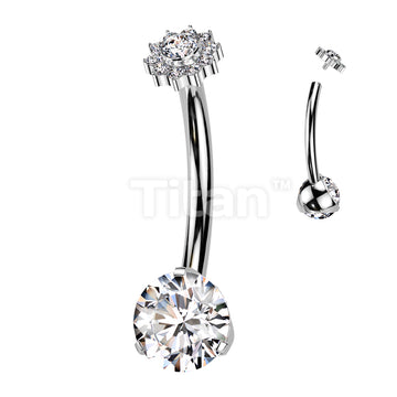 Implant Grade Titanium Internally Threaded Prong Set CZ Bottom With CZ Pave Flower Top Belly Button Ring - Image 2