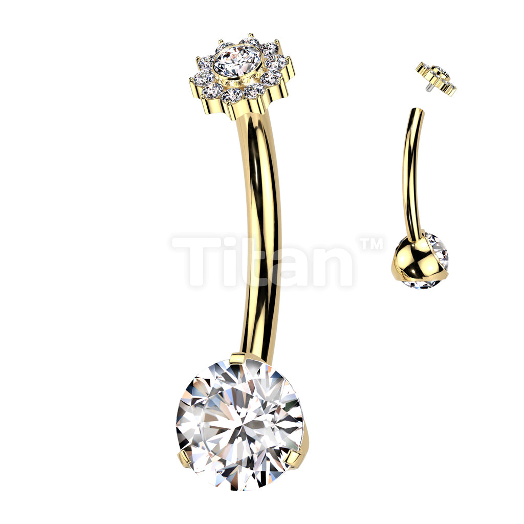 Implant Grade Titanium Internally Threaded Prong Set CZ Bottom With CZ Pave Flower Top Belly Button Ring - Image 3