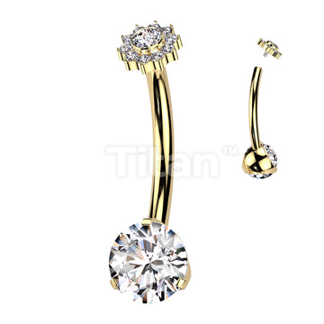 Implant Grade Titanium Internally Threaded Prong Set CZ Bottom With CZ Pave Flower Top Belly Button Ring - Image 3