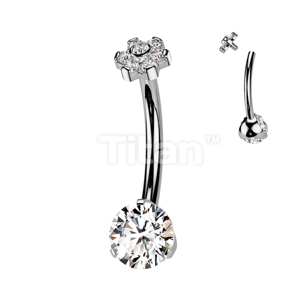 Implant Grade Titanium Internally Threaded Prong Set CZ Bottom With CZ Flower and Bezel Set Center Prong Set Petals Top Belly Button Ring - Image 2
