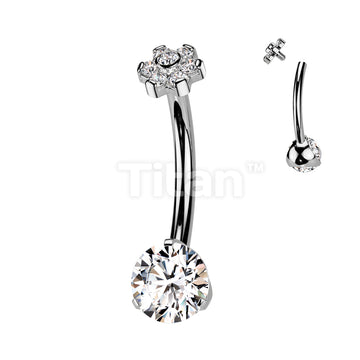 Implant Grade Titanium Internally Threaded Prong Set CZ Bottom With CZ Flower and Bezel Set Center Prong Set Petals Top Belly Button Ring - Image 2