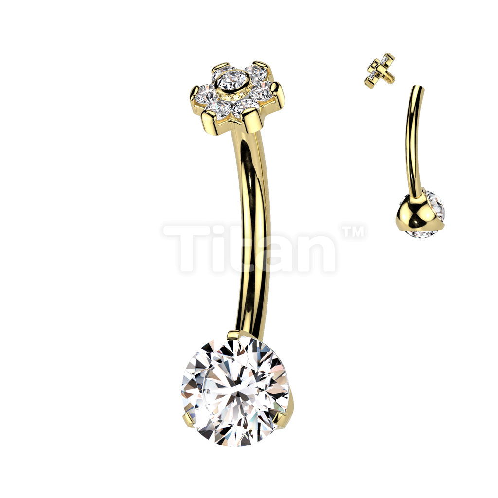 Implant Grade Titanium Internally Threaded Prong Set CZ Bottom With CZ Flower and Bezel Set Center Prong Set Petals Top Belly Button Ring - Image 3