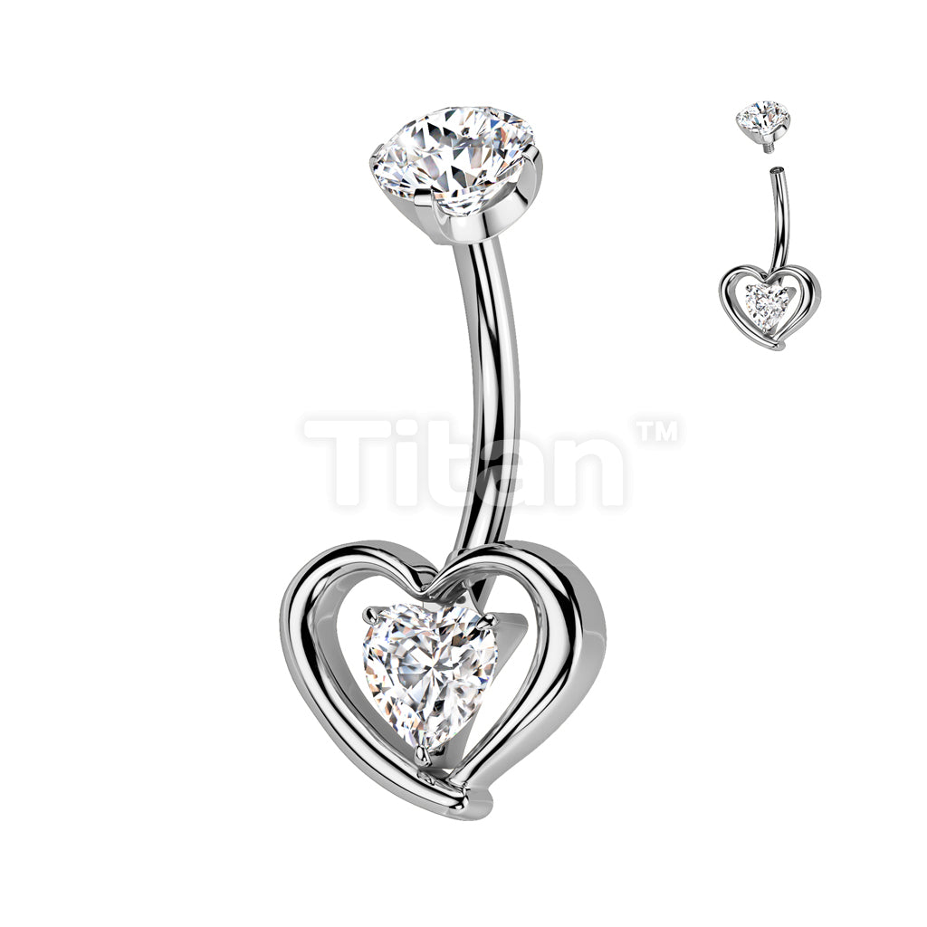 Implant Grade Titanium Internally Threaded Hollow 3D Heart With Prong Set Heart CZ Center Belly Button Ring - Image 2