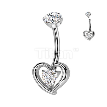 Implant Grade Titanium Internally Threaded Hollow 3D Heart With Prong Set Heart CZ Center Belly Button Ring - Image 2