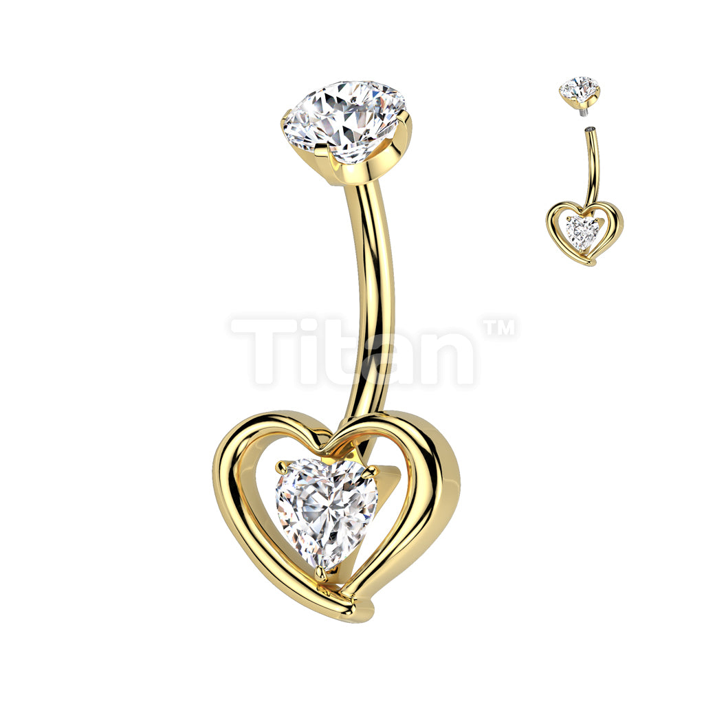 Implant Grade Titanium Internally Threaded Hollow 3D Heart With Prong Set Heart CZ Center Belly Button Ring - Image 3